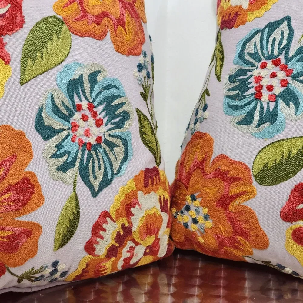 Pier 1 Throw Pillow 2pc Set Gray Floral Embroidery 17” x 17” Zipper Crewel Boho